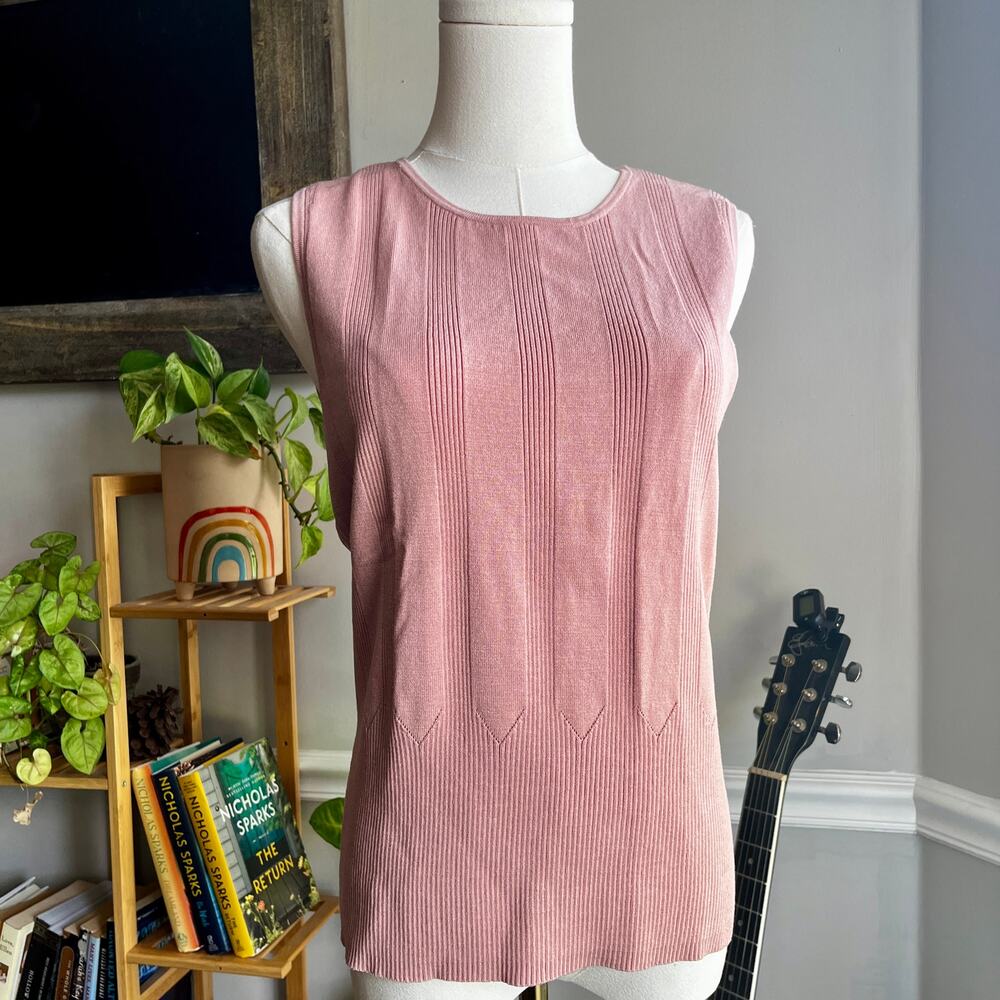 Vintage 90s Knit Tank Top Pink Ribbed Silk Blend Sleeveless Blouse Size Medium